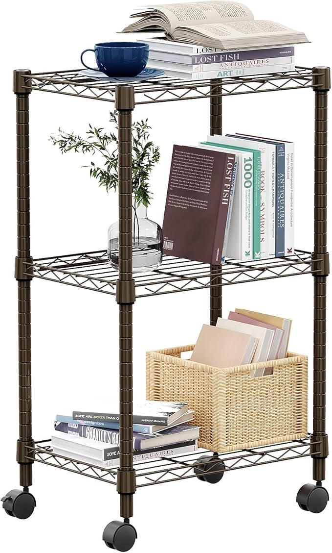 3 Tier Shelf Metal Storage Shelves Wire Rack Closet Organizers with Wheel for Garage Kitchen Bathroom Laundry Brown 11.8" D x 17.7" W x 29.8" H