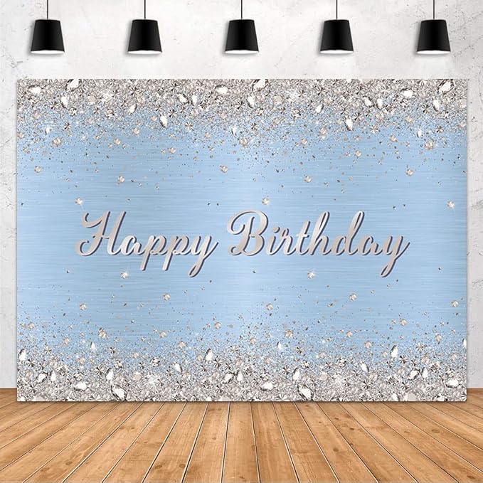 MEHOFOND 7x5ft Glitter Light Blue Birthday Party Decorations Backdrop Shinning Silver Diamond Happy Birthday Decor Photogr...
