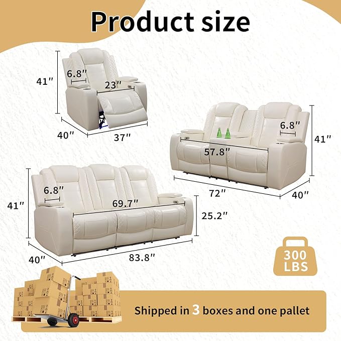 Caberryne Power Recliner Sofa Set with LED Lights,Leather Reclining Couch with Coffee Table/Storage Console/Cup Holder,Reclining Living Room Set with 5 Recliner Seats for House(3 Piece Set,Creamy)