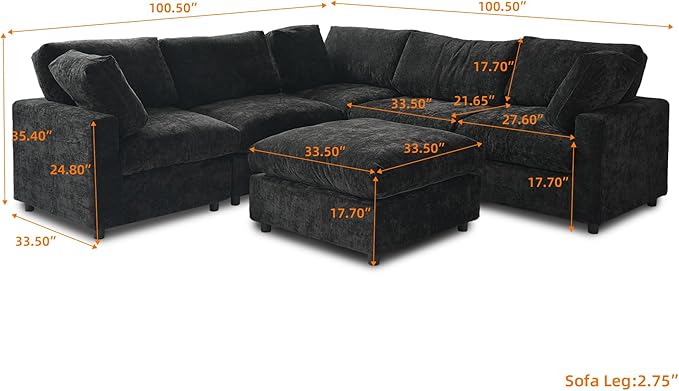 WJShome Cloud Couch Modular Sectional Sofa,100.5" V Shaped Couch, Convertible Wide Seater with Ottoman, 6 Seater for Living Room Set,Covers Washable&Replaceable,Black