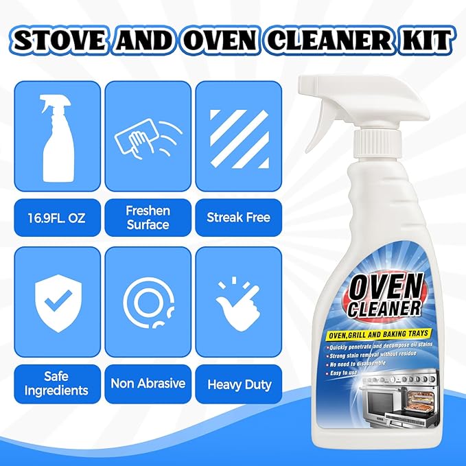 Heavy Duty Stove and Oven Cleaner Kit, Includes Cleaning Tool, Razor, Scraper and 1 Pad to Remove Tough Stains - Use on Gas, Electric, Ceramic Surfaces, 16.9 Ounces, 4 Piece