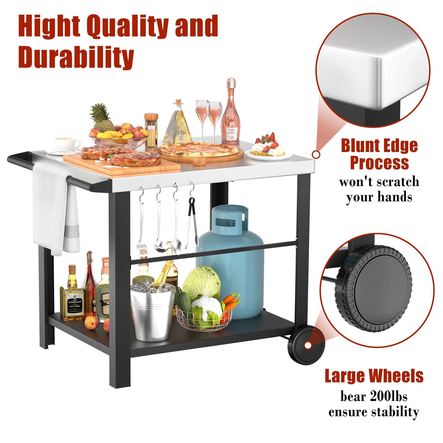 34" x 24" Movable Stainless Steel Flattop Grill Cart for Ninja Woodfire & Blackstone Griddles, Pizza Oven Table for Outside, Extra-Wide Stainless Steel Cart with Wheels for Kitchen Food Prep Table