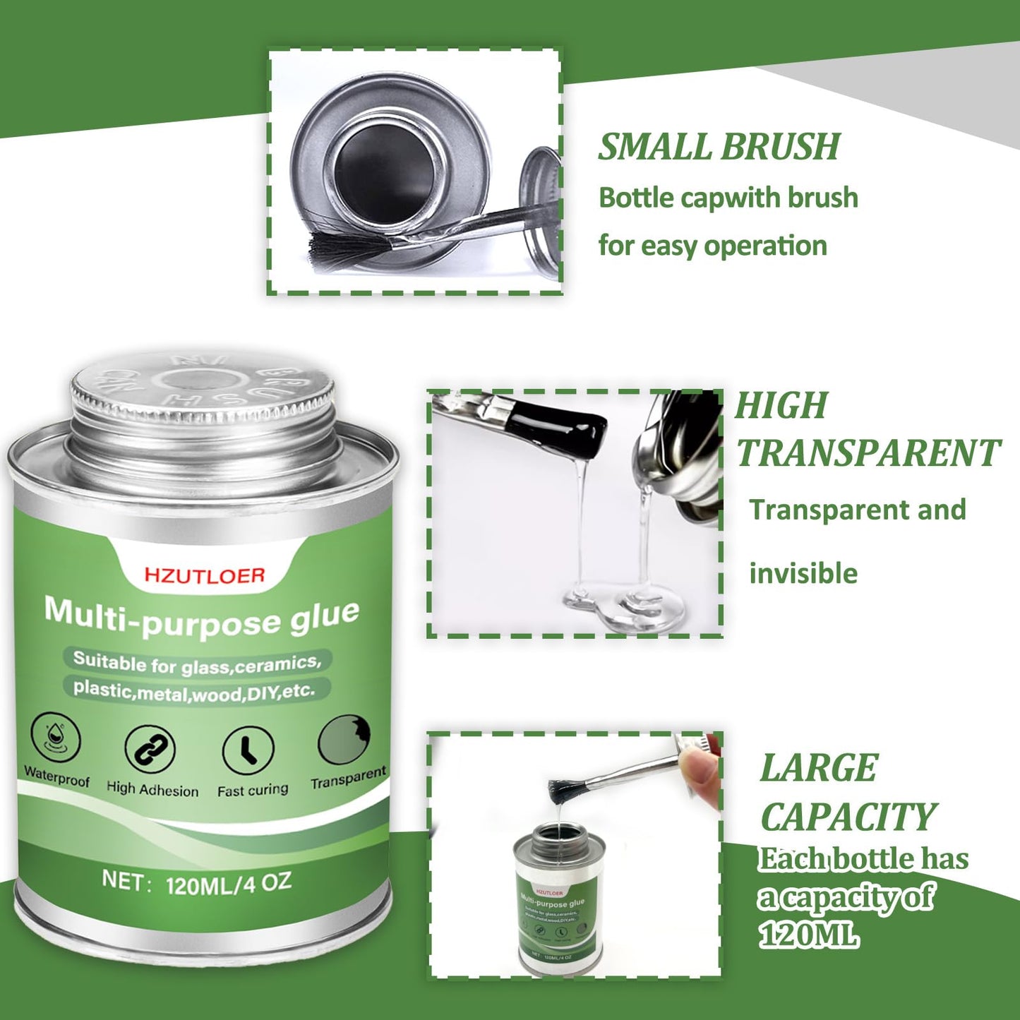 Hzutloer Multi-Purpose Super Glue | 4 oz High Strength Clear Adhesive with Brush | for Wood, Ceramics, Leather, Plastic | DIY Crafts & Metal Repair
