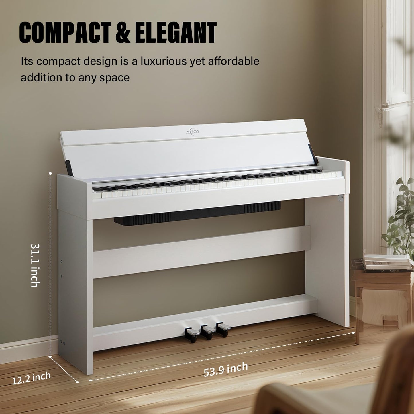 AiJoy 88 Key Weighted Digital Piano Keyboard, Graded Hammer Action Wooden Electric Piano with Cover & Triple Pedal, Sensitive Touch, Support USB MIDI Connect, Recording, Headphone, MP3 Player(White)