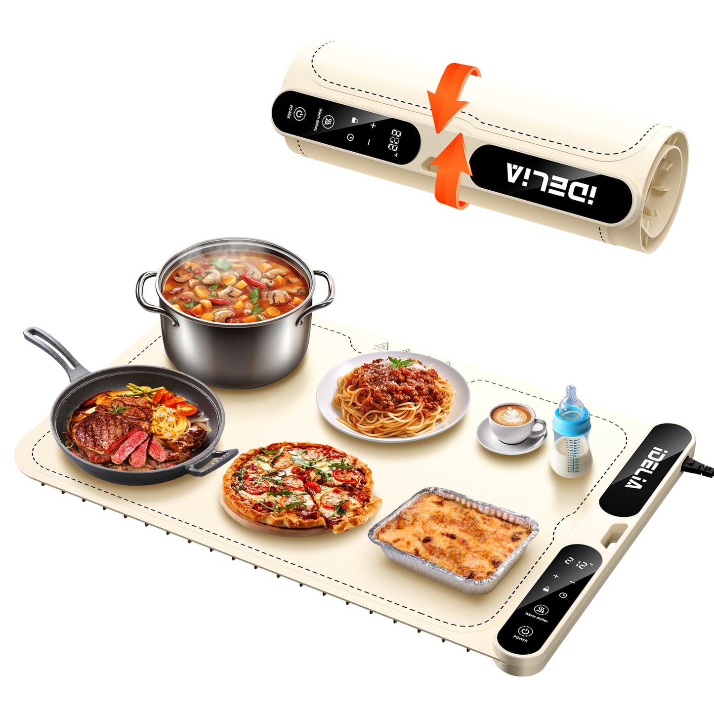 Food Warming Mat Electric Heating - Portable Silicone Warming Tray with 7 Temperature Settings and 8 Hours Timer for Party Buffet Home Travel Kitchen (23.6"x15",Beige)