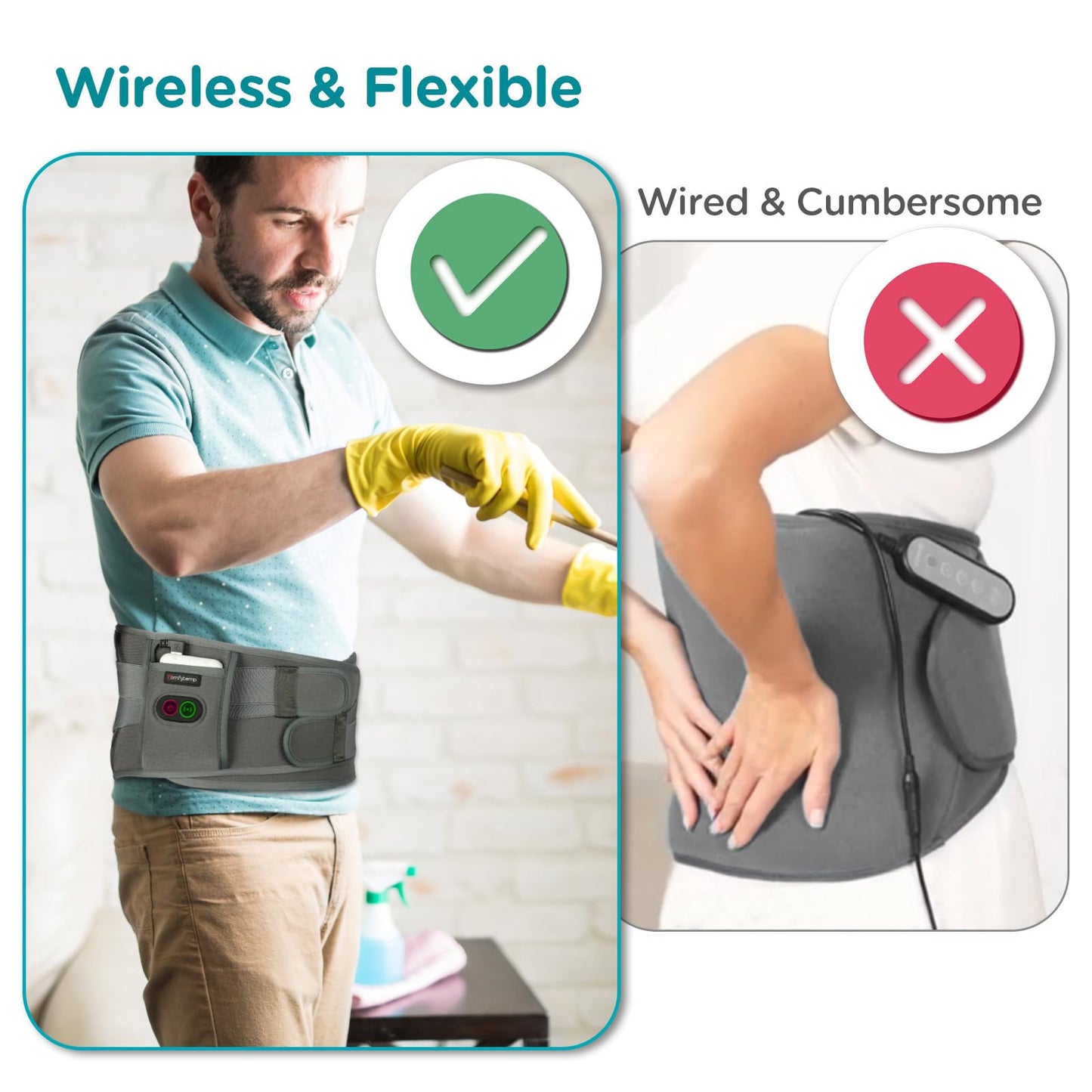 Comfytemp Cordless Heating Pad with Massager for Back, Portable Lower Back Massager FSA Eligible HSA Rechargeable Wireless Electric, Birthday Gifts for Women Men Mom Dad Seniors 3 Heat 30Auto-Off Grey