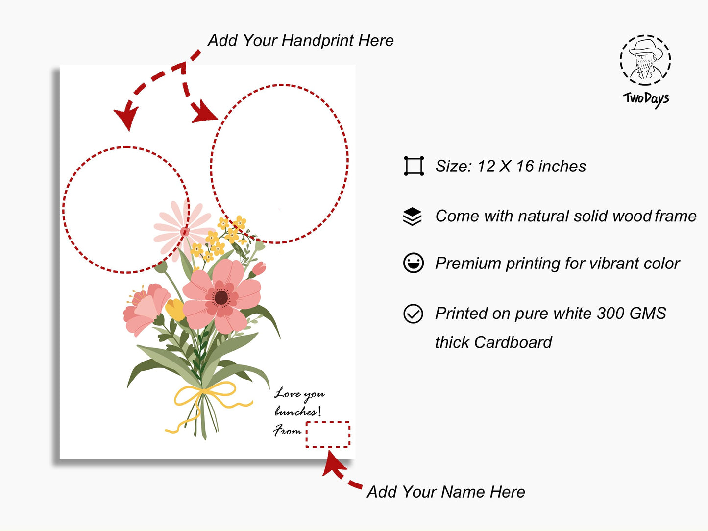 TwoDays Flower Bouquet Handprint Art Craft DIY Kit, Unique Gifts for Mom from Daughter or Son for Mother's Day Birthday Christmas, Gift for Grandma.(12" X 16", with Wood Frame)