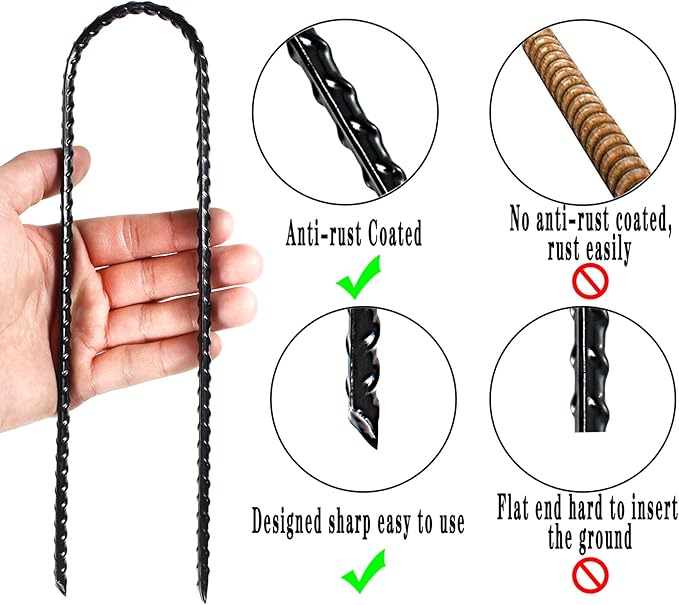 10-Inch Trampoline Stakes Heavy Duty U Shaped Rebar Ground Stakes Ground Anchors for Sporting Goods Security, House Construction (12)