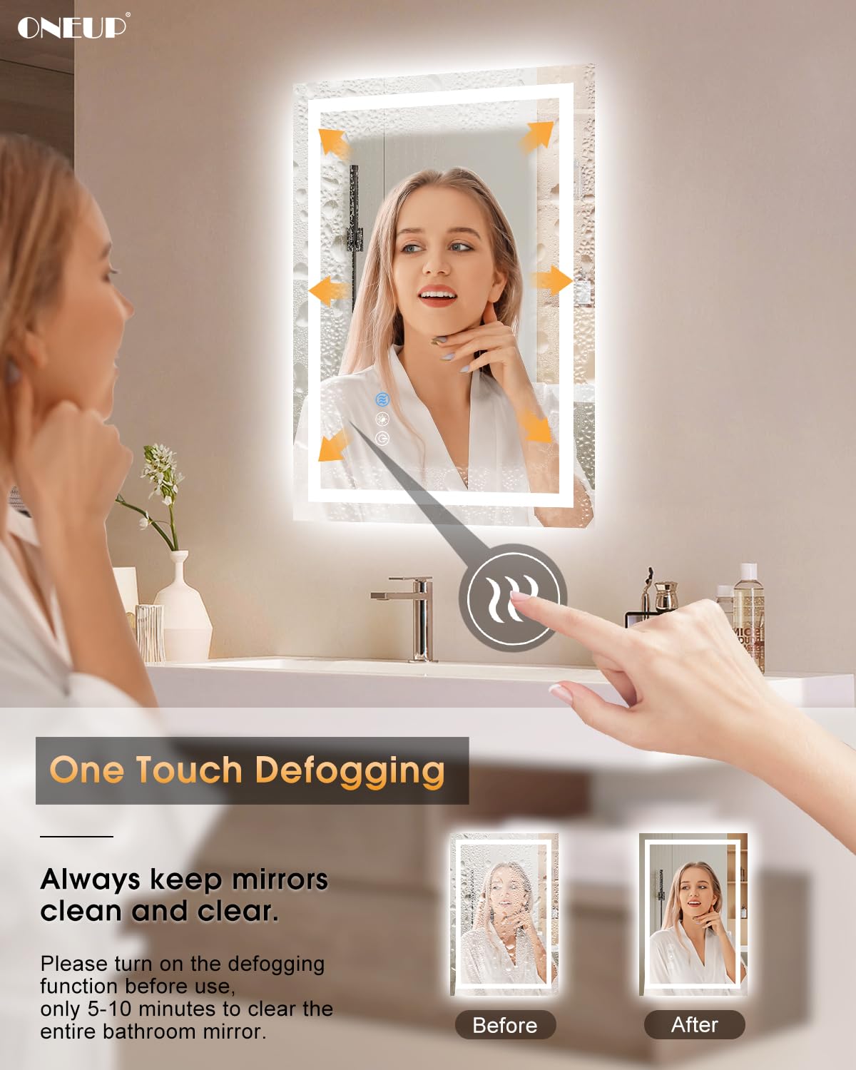 oneup 16x24''Small Bathroom Mirror with Lights,Front Lighted Bathroom Mirror for Wall,Stepless Dimmable,Anti-Fog,Modern LED Vanity Mirror,Memory,Touch Botton