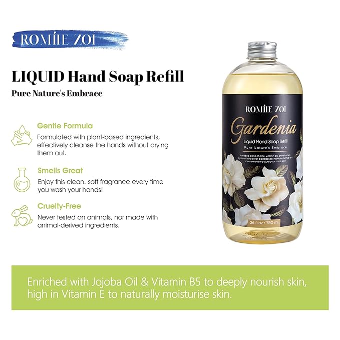 ROMIIE ZOI Liquid Hand Soap Refills, Gardenia, Gentle & Moisturizing Formula, 750 ML/ 26 FL.OZ