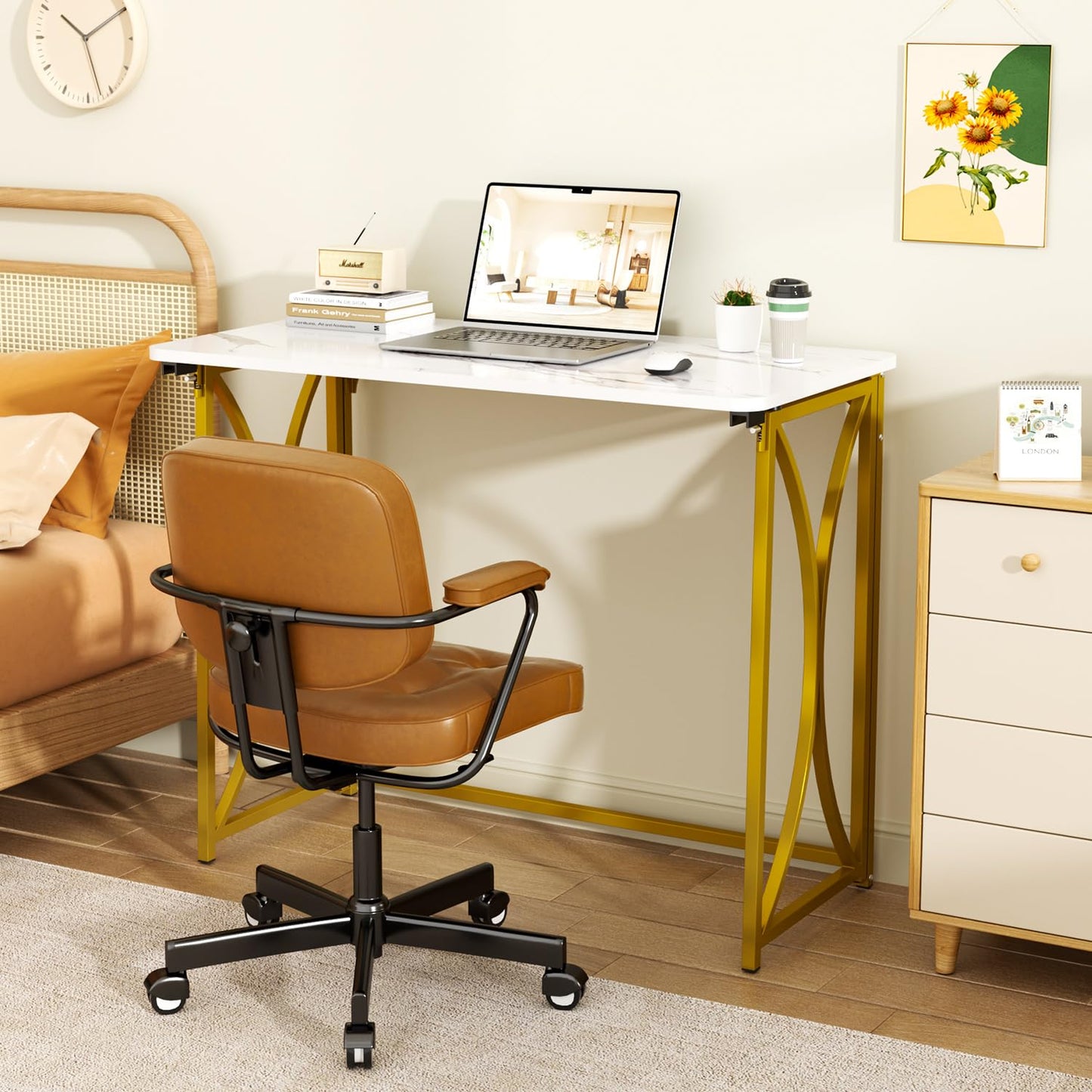coeztt Folding Desk, 31.5" Small for Bedroom, Space Saving Foldable Computer Desk for Home Office, Easy Assembly, White and Gold