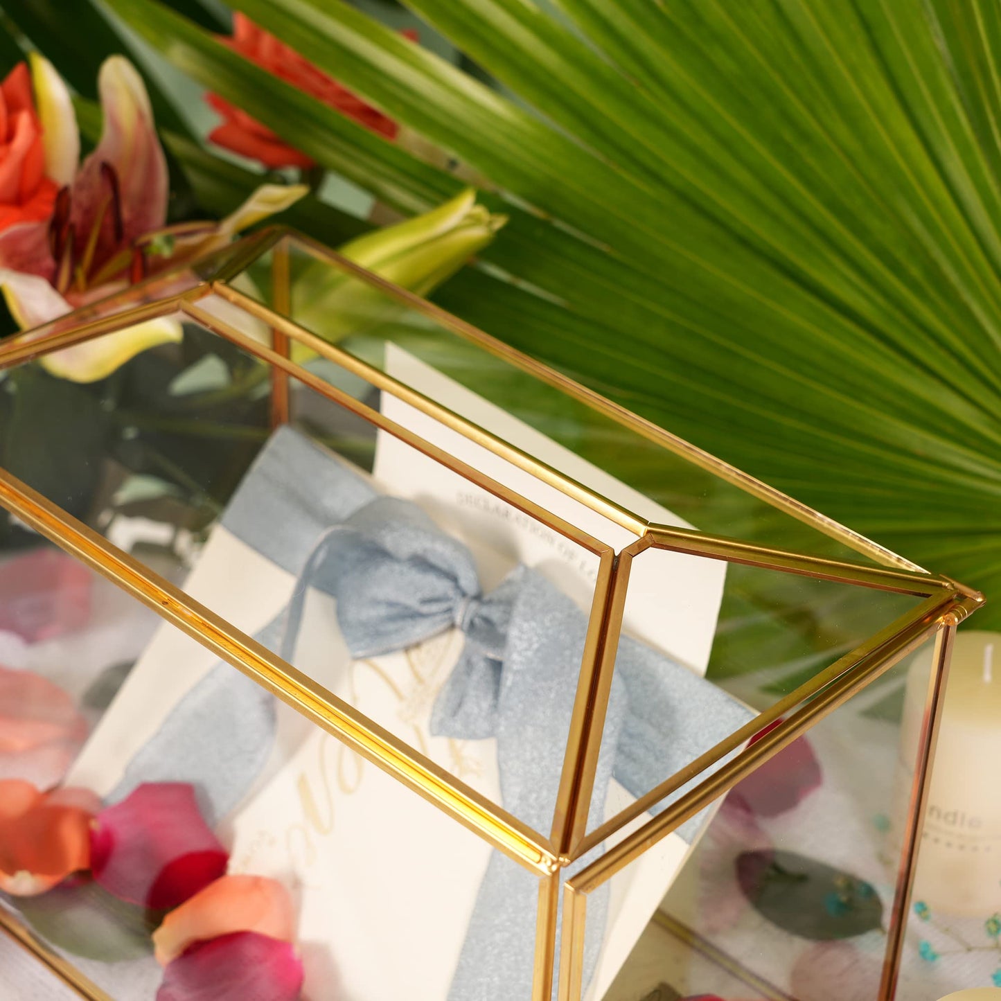 WHSLILR 12.6" Glass Card Box Wedding Card Box with Lock for Wedding Reception Cosmetic Home Decor, Handmade Large Geometric Terrarium with Hinged Lid, Brass Frame - (Golden/Roof)