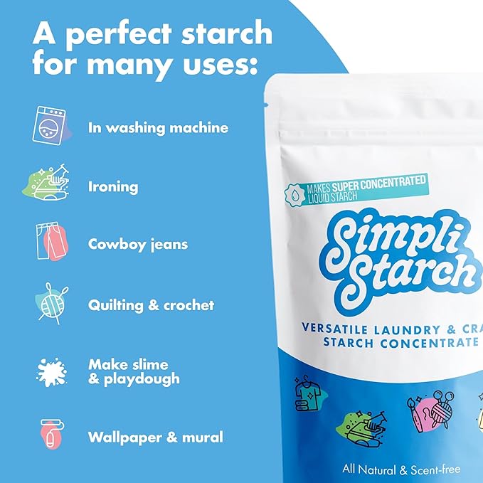 Simpli Starch® Dissolvable Starch Powder Mix. Makes Two Full 64 Oz Liquid Starch. Perfect For Laundry and Ironing, Add Directly to Your Washer. Ideal for Paper Mâché, Silly Putty, Playdough - 8oz (1)
