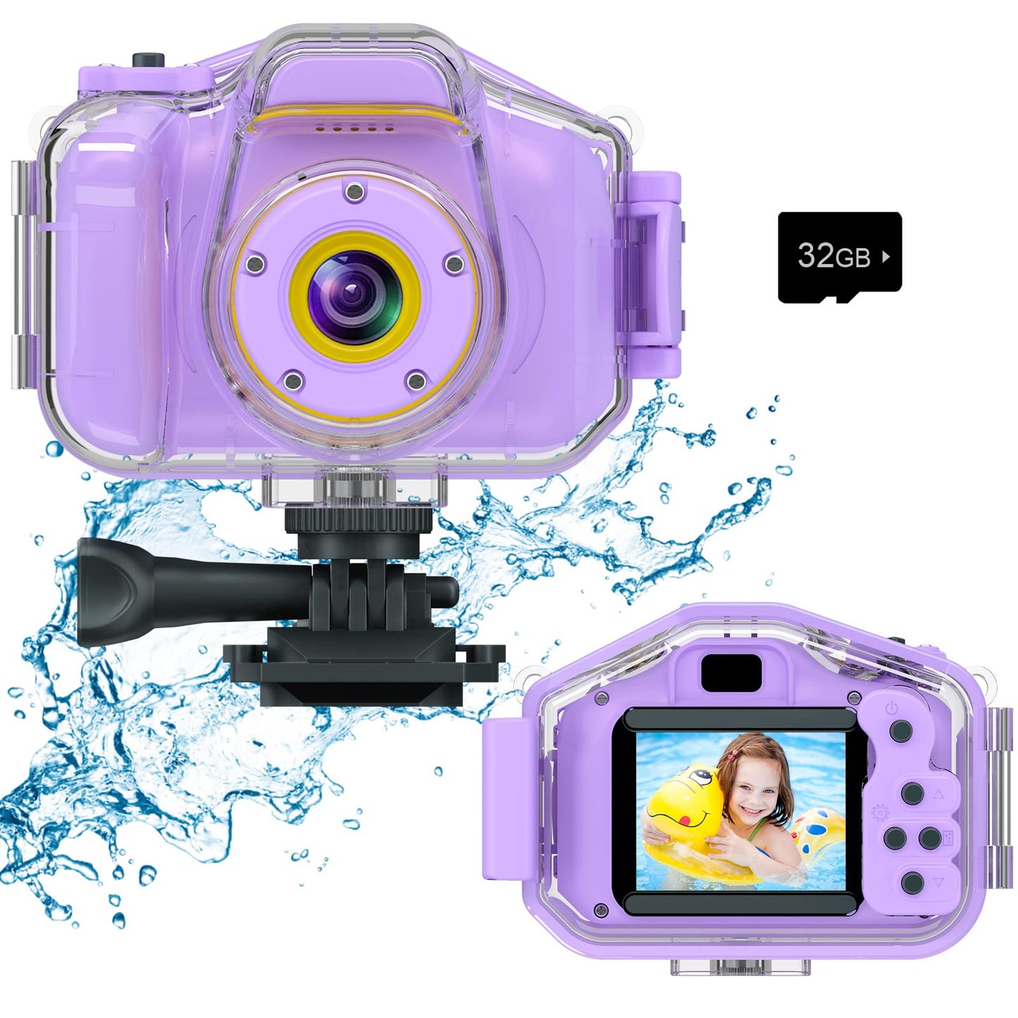DEKER Kids Waterproof Camera, Christmas Birthday Gifts for Boys Girls Toys 3-12 Year Old, Underwater Mini Children HD Digital Action Camcorder, 2 Inch IPS Screen with 32GB Card (Lavender) -Like New