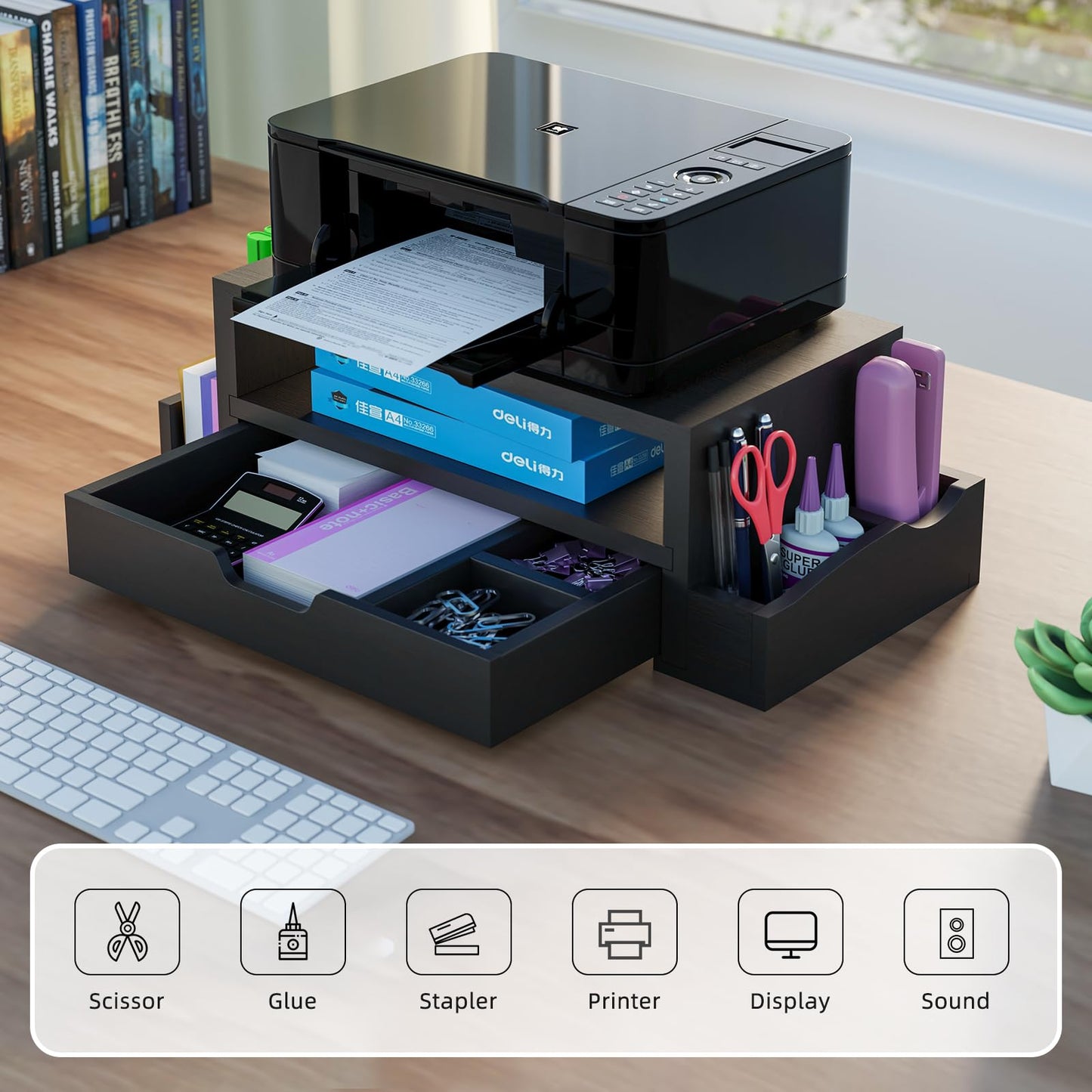 Simple Trending Monitor Stand Riser and Computer Wood Desk Organizer with Drawer and Pen Holder for Laptop, Computer, iMac, Black