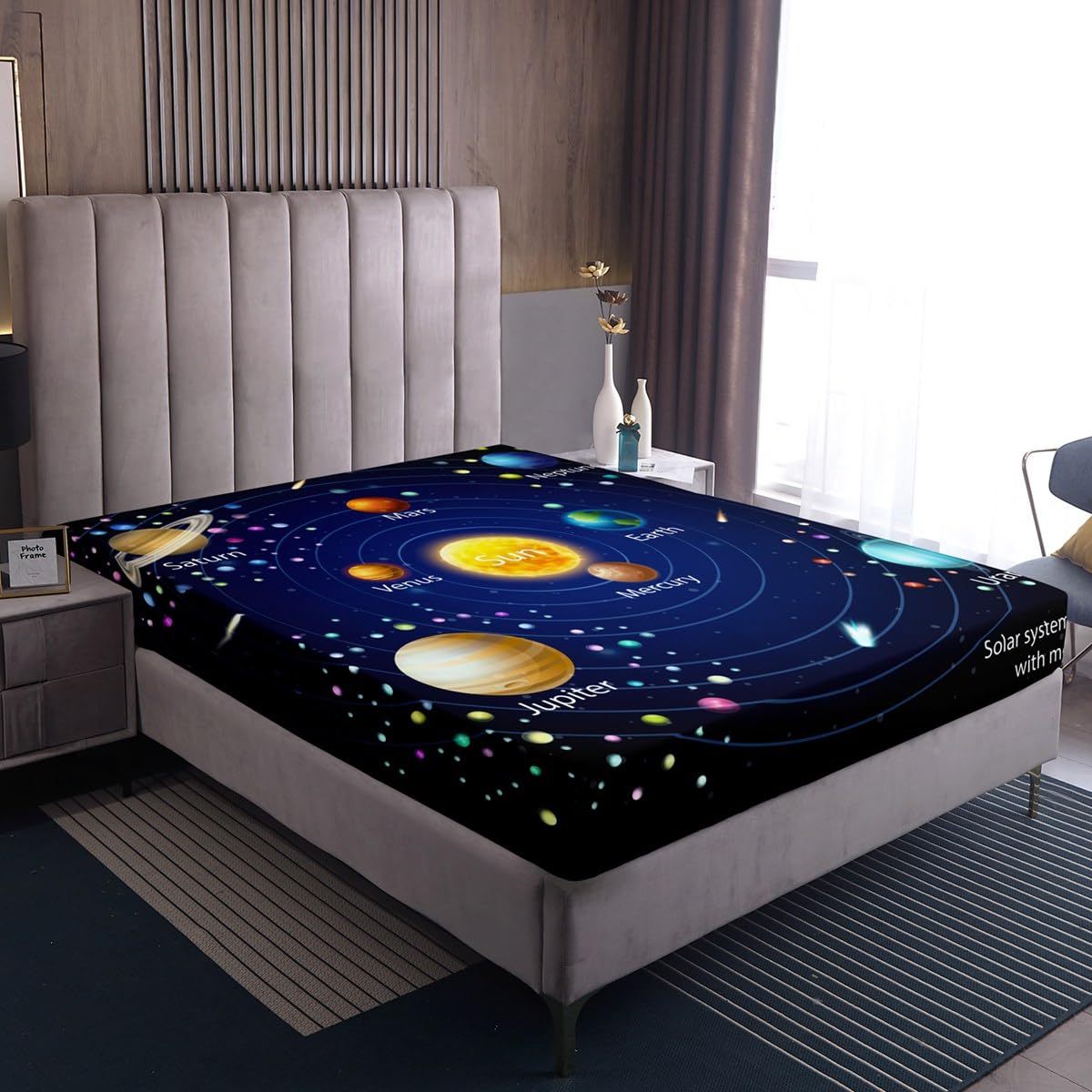 Kids Outer Space Fitted Sheet, Boys Starry Sky Galaxy Bed Sheet Twin Size Planet Space Bedding Set for Girls Teens Adult Bedroom Decor, Solar System Cosmos Fitted Bed Sheets, Blue Purple(No Top Sheet)