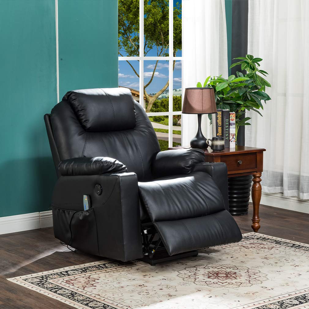 BestMassage Electric Power Lift Chair Recliner Sofa for Elderly Massage Chair, Adjustable Furniture with Vibration Massage and Lumbar Heated,Remote Control,USB Ports for Living Room (Black, Leather)