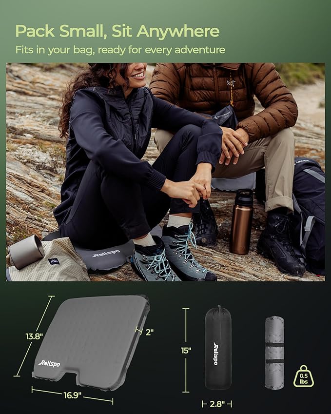 Relispo Self-Inflating Stadium Seat Cushion, Waterproof & Lightweight Inflatable Seat Cushion for Airplane Seat Travel Bleacher Camping, High Density Foam Blow up Sitting Pad for Backpacking