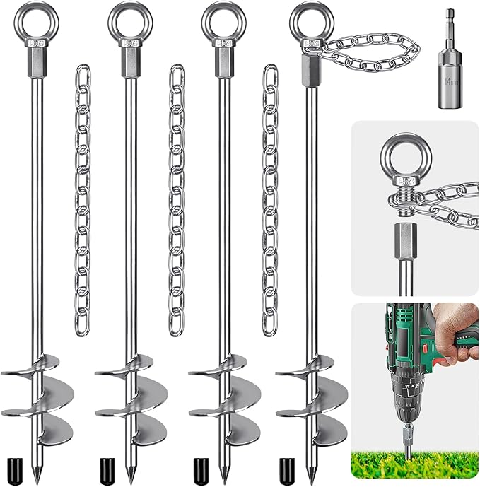 Insaga 30'' Ground Anchors Screw in with Chain, Heavy Duty Trampoline Stakes, 4pcs Trampoline Anchors, Mobile Home Anchors for Camping Tents, Carports, Sheds, Swing Sets