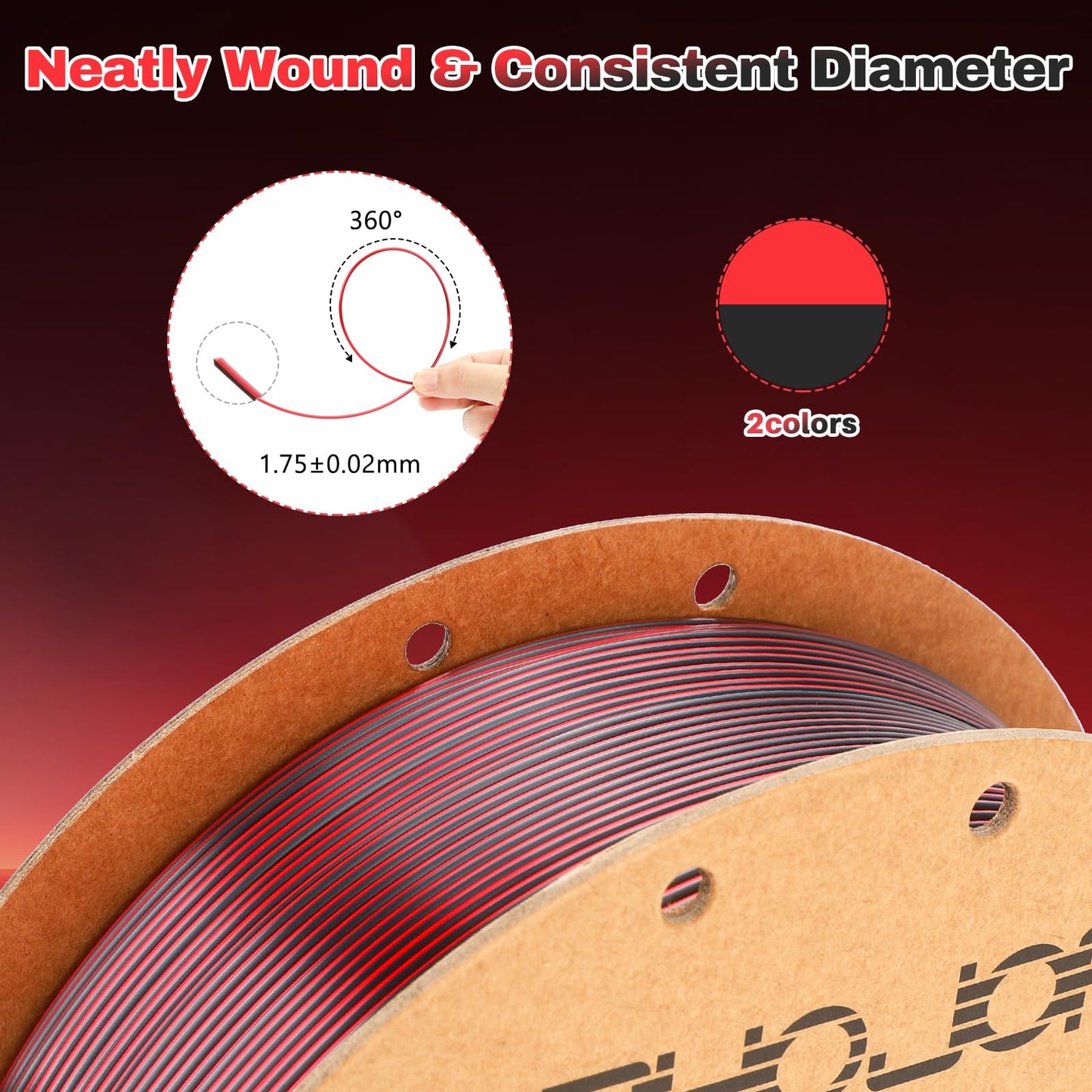 3DHoJor Silk PLA Filament 1.75mm Black Red Dual Color PLA 3D Printer Filament 2 in 1 Coextrusion 1KG Spool(2.2lbs) 3D Printing Filament Dimensional Accuracy +/- 0.03mm