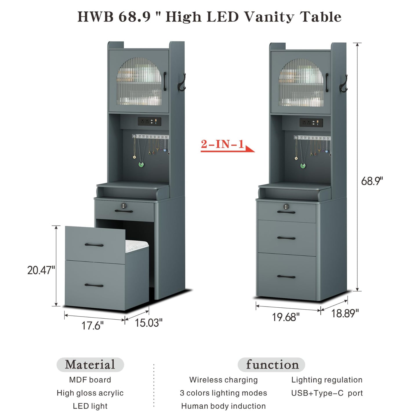 Makeup Vanity with Mirror and Lights, Vanity Desk with Drawers and Shelves, Makeup Desk with Storage Stool, Compact Vanity Table with Charging Station for Small Space, Grey