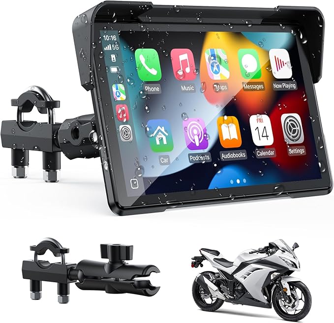 VOLAM Wireless Motorcycle CarPlay Screen, 7-inch IP67 Waterproof Touchscreen,GPS Navigation System,Anti-Glare for Dayligh...