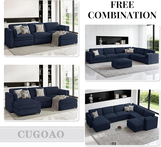 CUGOAO 153.4'' Oversized Sofa Set, Modular Sectional Sofa, Deep Seat Chenille Cloud Couch, Removable Cover, Mordern Upholstered Couches for Living Room, Apartment, Office, Blue
