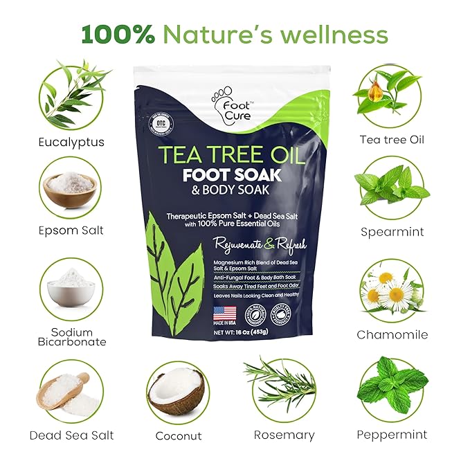 FOOT CURE Tea Tree Oil Foot Soak with Epsom Salts- for Foot Pain, Soreness, Athletes Foot, Odors, Toe Nail Fungus, Fungal, Calluses (Pack of 4)