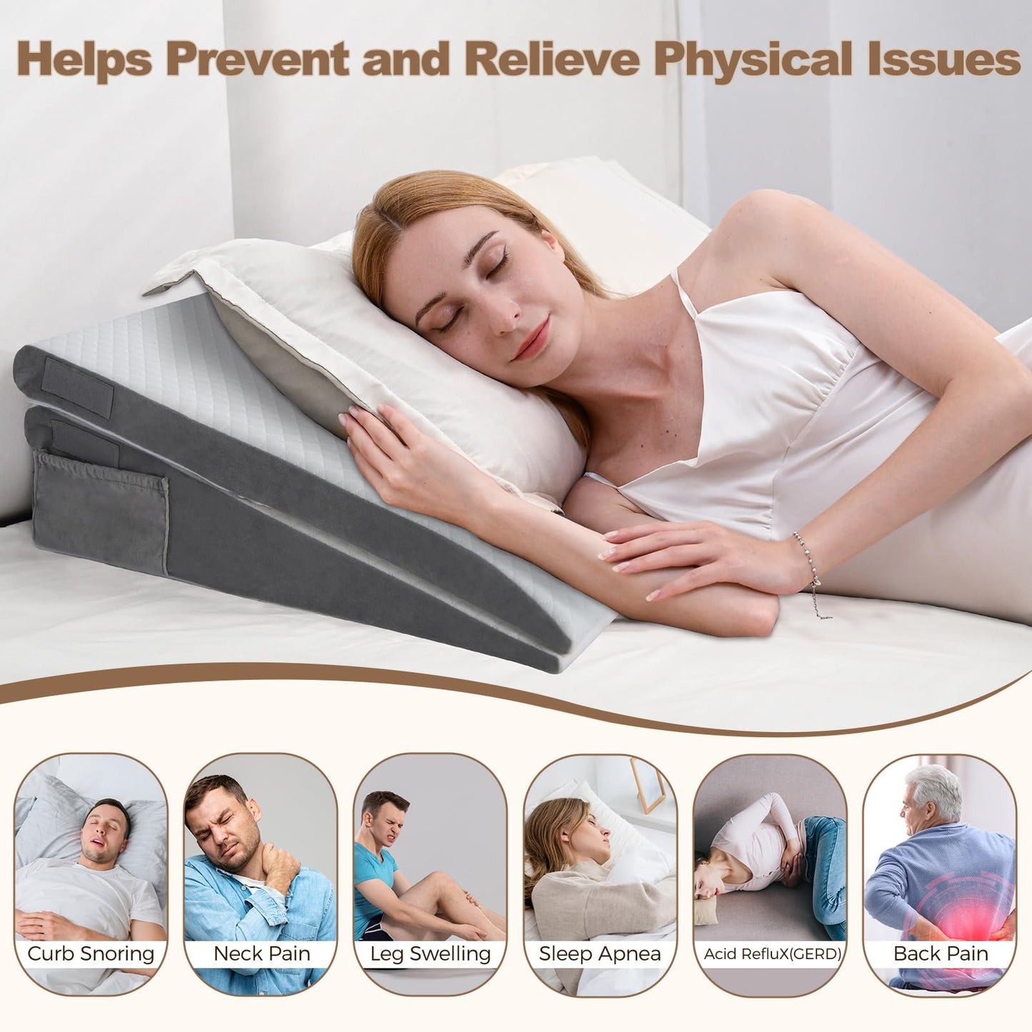 ENITYA Bed Wedge Pillow for Sleep Apnea - 3PCS Wedge Pillow for Acid Reflux Relief/Back Pain Relief/Sleeping/After Surgery/Leg Support - Memory Foam Top, Washable Cover, White