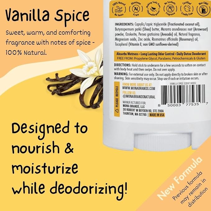 MONA BRANDS 100% Natural Deodorant for Kids | For Girls & Boys | Sensitive Skin | No Baking Soda | No Aluminum | Vegan, Non-GMO, Gluten and Cruelty free (2-PK VANILLA SPICE 1.76 Oz each)
