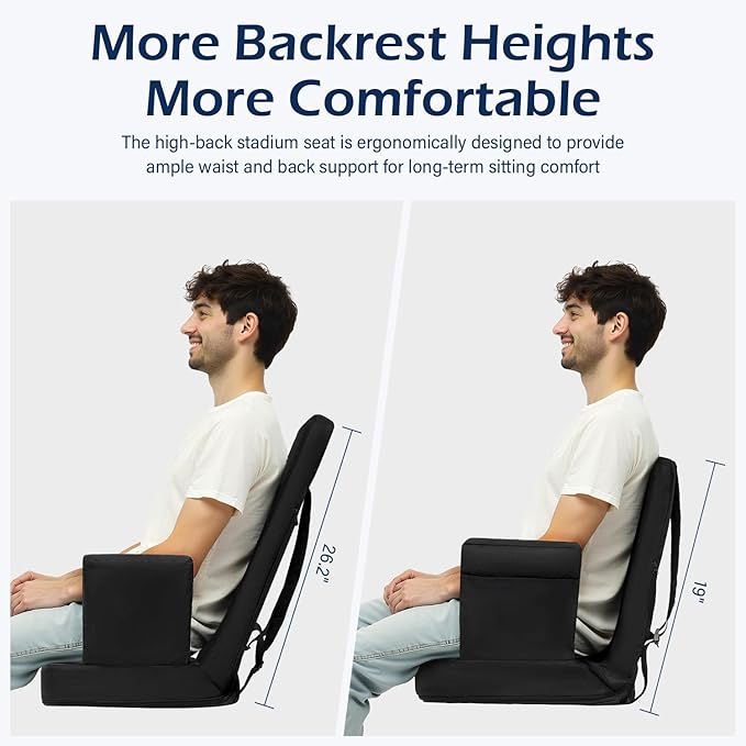 TOPSKY Stadium Seat with Back Support, Comfortable Padded Cushion, Folding Bleacher Seat with Metal Hook, Shoulder Strap, Carry Handle, Cup Holder (Black, 1 Pack)