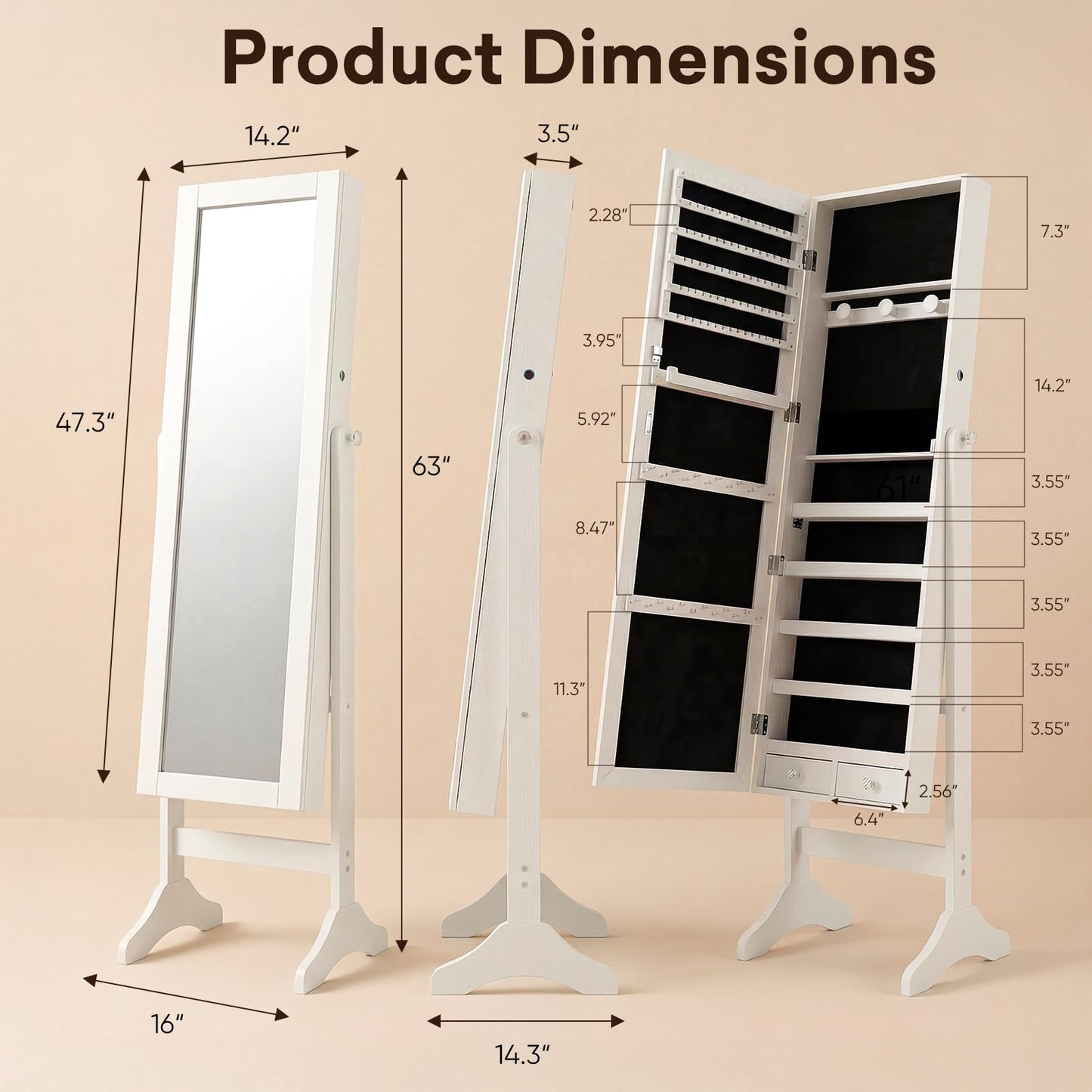 Antok Jewelry Cabinet with Full Length Mirror & Large Storage - 61" Standing Lockable Armoire Organizer, Floor to Ceiling Model for Bedroom or Dressing Room, White
