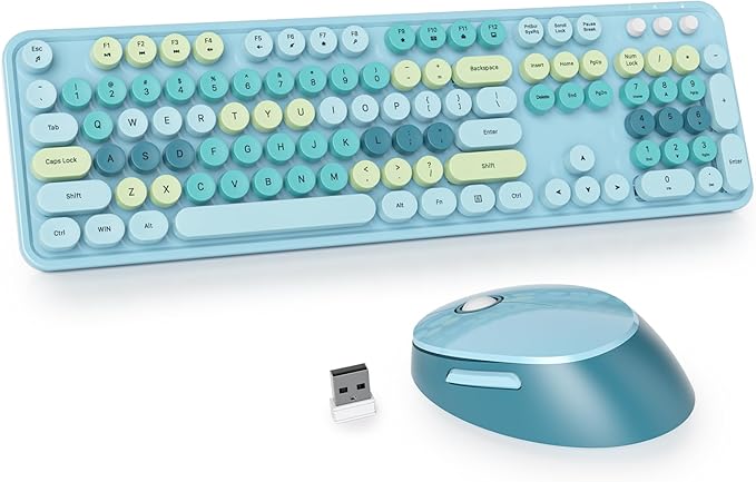 Owpkeenthy Blue Keyboard and Mouse Wireless，Cute Typewriter Keyboard Wireless 2.4GHz Full-Size with Retro Round Keycaps for Desktop, Laptop and Computer(Coloful Blue)