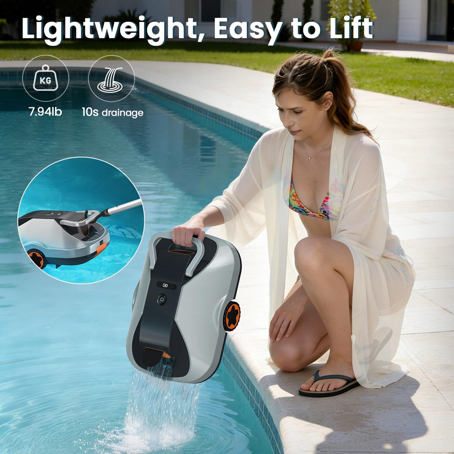 Zebary C1 Robotic Pool Cleaner, 200-Min Cordless Pool Vacuum for Above Ground & Inground Pools up to 2500 Sq.ft, Automatic Pool Vacuum Robot for Leaves & Dirt, Powerful Suction Self-Parking-Orange