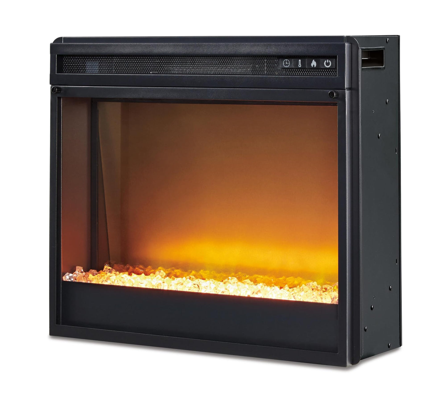 Signature Design by Ashley 24" Electric Fireplace Insert with LED, Heat or No Heat, Remote Control, 6 Temperature and 5 Brightness Settings, Faux Glass Crystals or Stones, Heats Mid-Size Room, Black