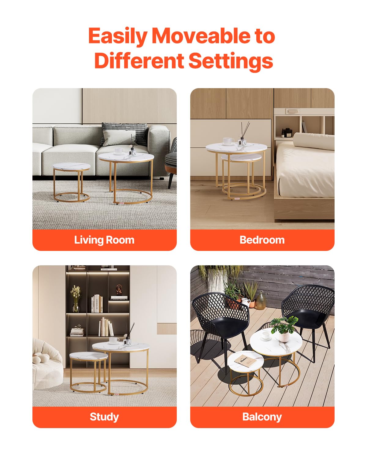VEVOR Nesting Tables, Coffee Table Set of 2, 23.6 inch Round Coffee Table, Small Coffee Tables Night Stand with Metal Frame, for Living Room, Bedroom, Office (White & Gold)