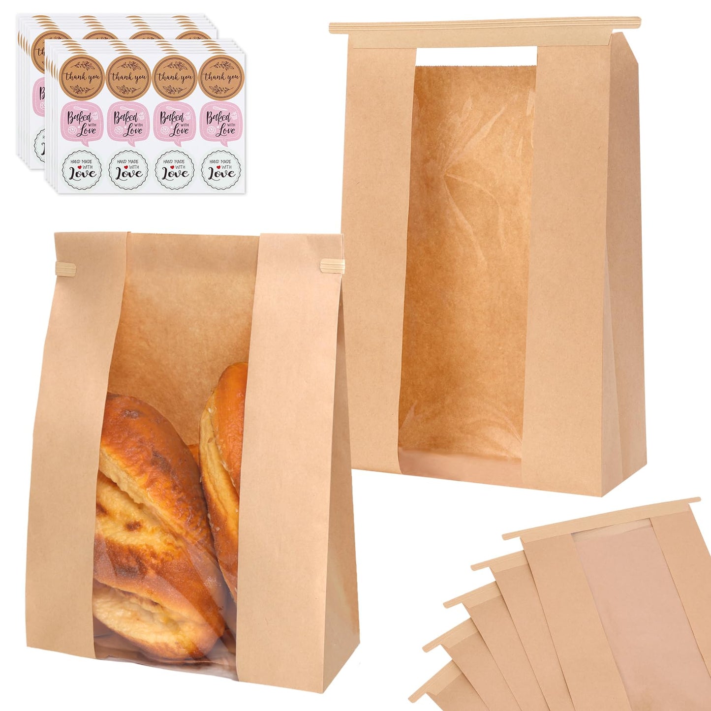Moretoes 120 Pack Large Paper Bread Bags for Homemade Baked Goods, 13.7x8.3x3.5 Inches, Sourdough Bread Bags with Tin Tie Tab and Clear Front Window, Includes 144 Label Seal Stickers (Brown)