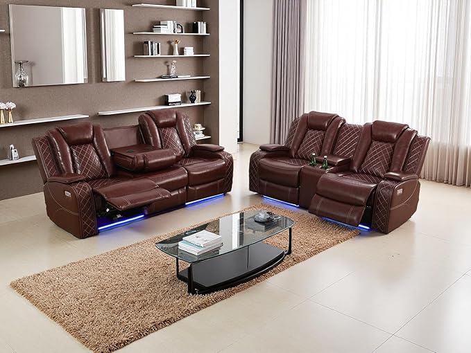 Dekmxas Modern Recliner Couch with Hidden Storage, 2-Piece Power Reclining Sofa Couch Set, Brown Breathing Leather Power Recliner Sofa and Loveseat with LED Light for Living Room/Home Theater