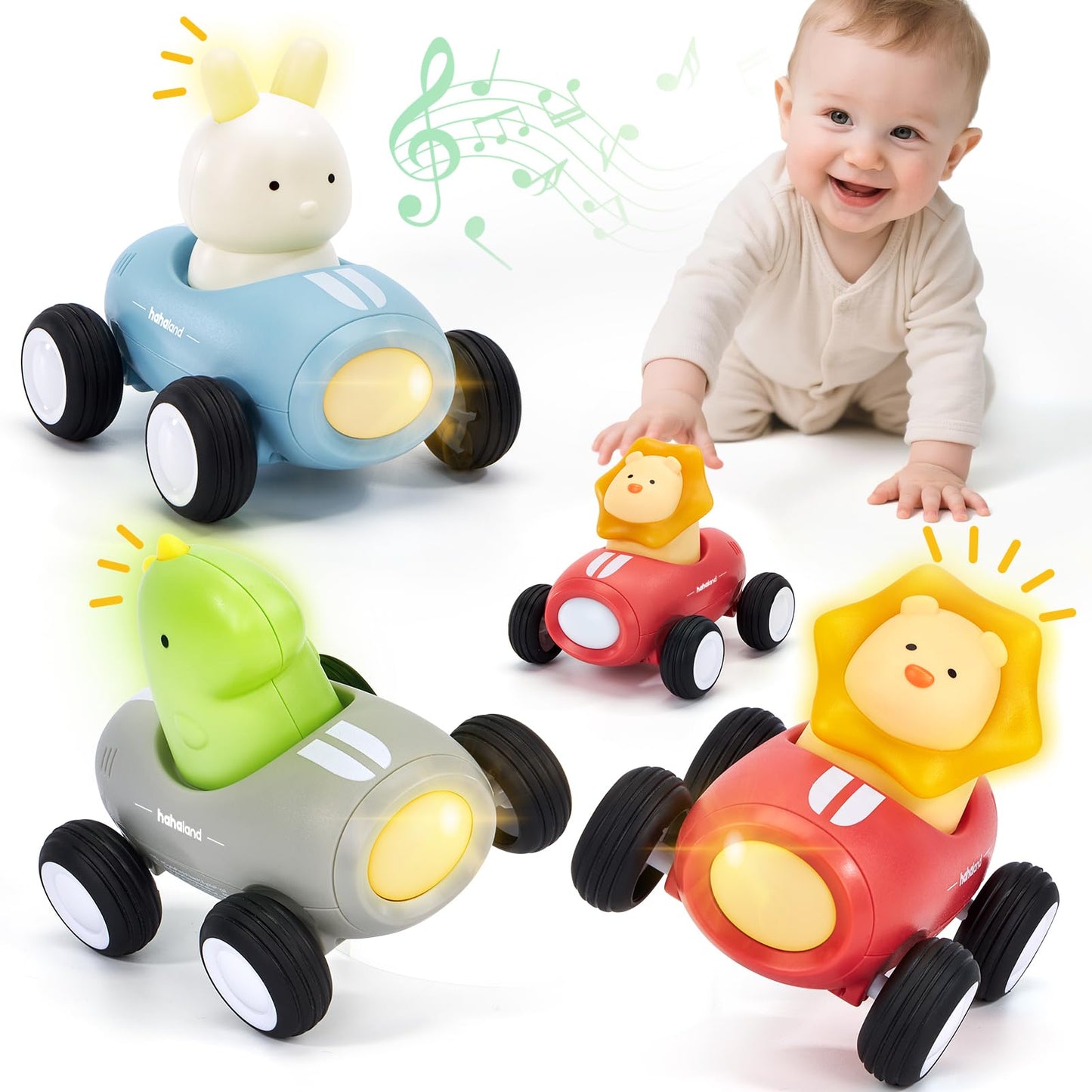 hahaland Push and Go Car Toys for Toddlers 1-3 Musical Light up Toys for 1 Year Old Boy Gifts, Push Car Crawling Baby Toys 12-18 Months One Year Old Birthday Christmas Baby Gifts for Boy Girls, 3 PCS