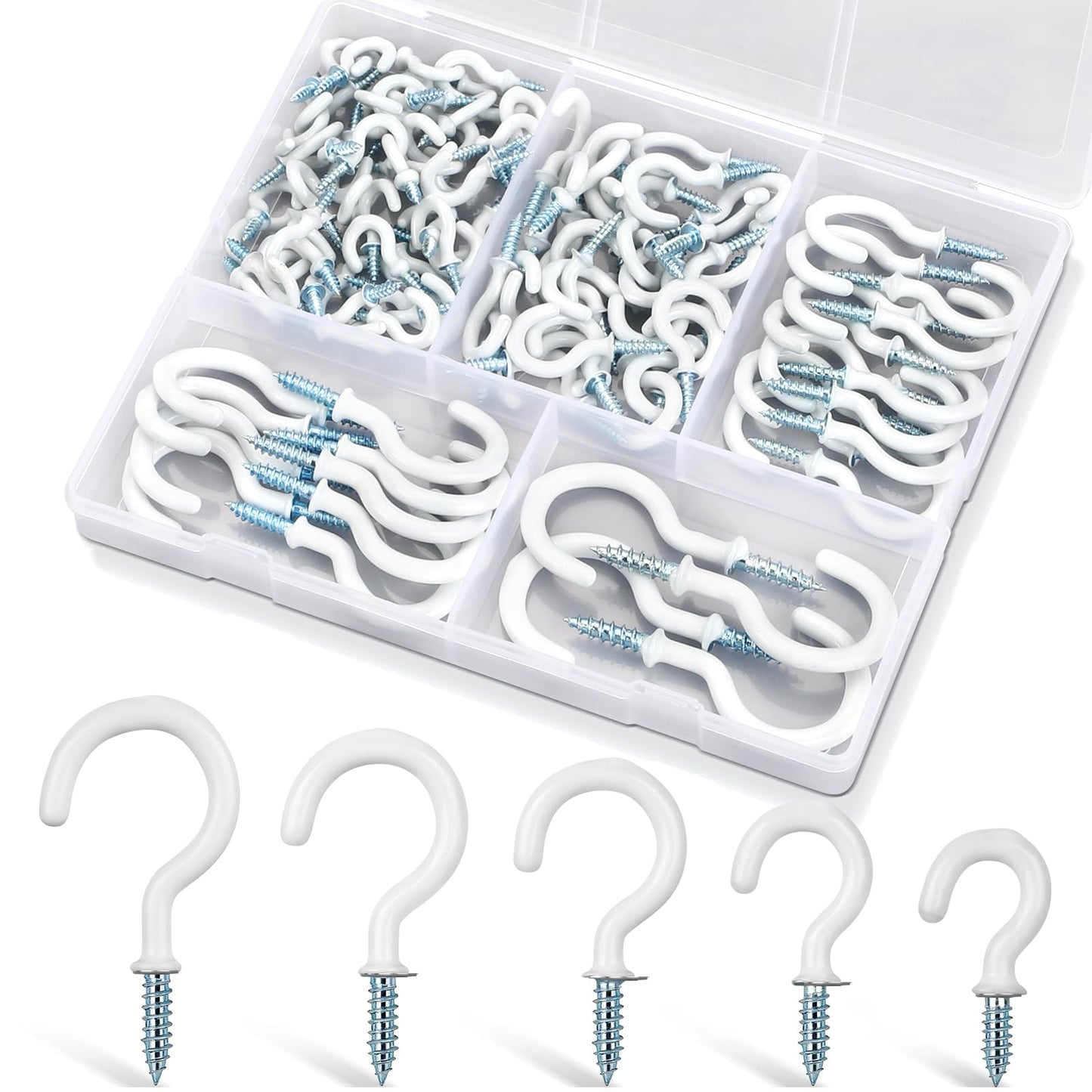 Pylevemv 110Pcs Premium Screw Hooks, 5 Sizes White Vinyl Coated Cup Hook, from1/2 in Small Hooks to 1-1/2 in Ceiling Hooks Heavy Duty, Screw in Hooks for Hanging Plants, String Lights