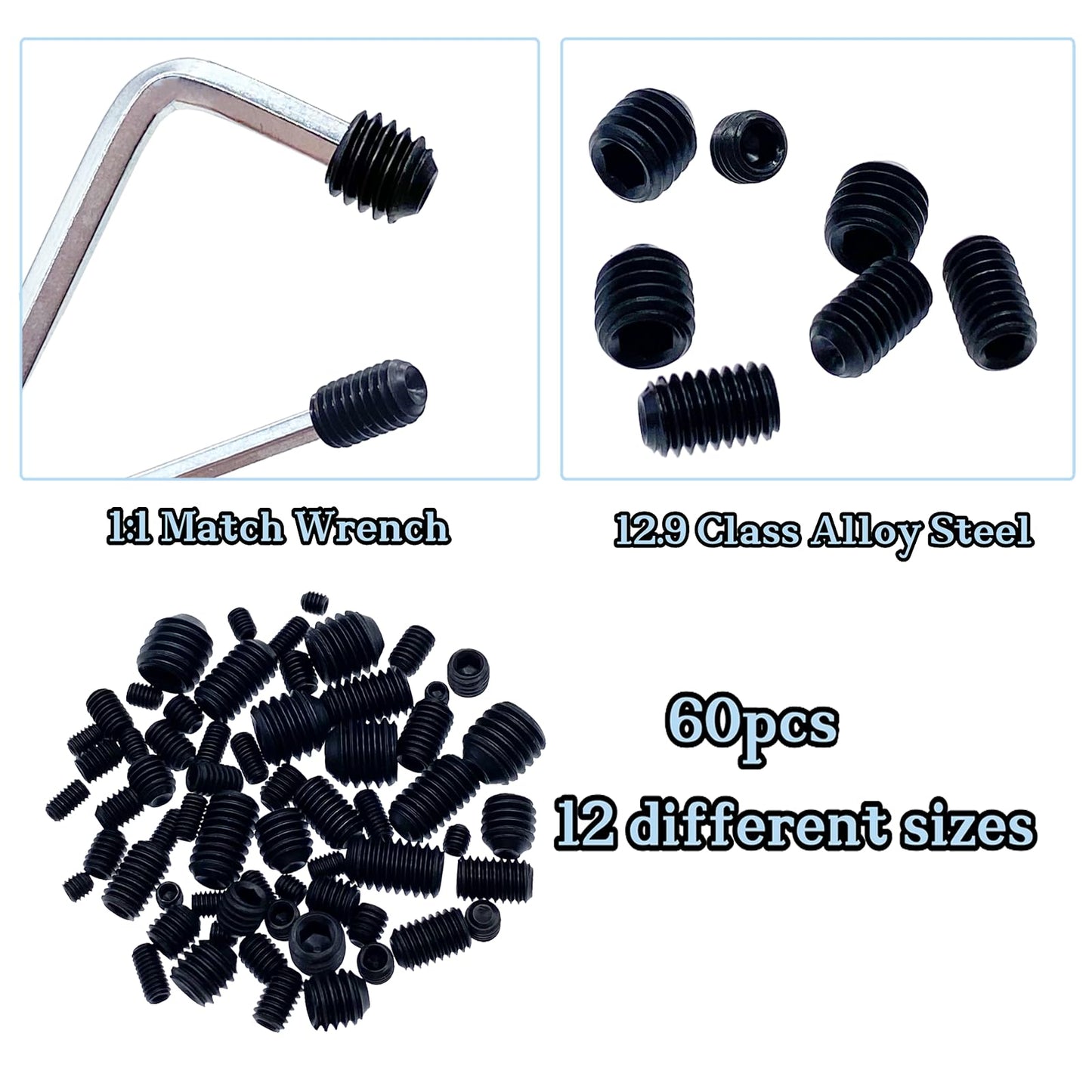 60pcs Set Screws, Set Screws Assortment Kit, Grub Screws M3 M4 M5 M6 M8 for Home Repair, Repair Furniture, Electronic Product, Install Door Lock, DIY, Fixtures, 12 Sizes