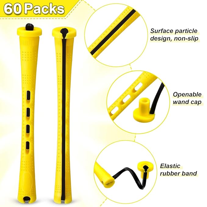 WILLBOND 60 Pcs Perm Rods for Long Hair Plastic Curl Rods Cold Wave Irons Curling Roller for Hair Styling Hairdressing Tools(0.28 Inch,Yellow)