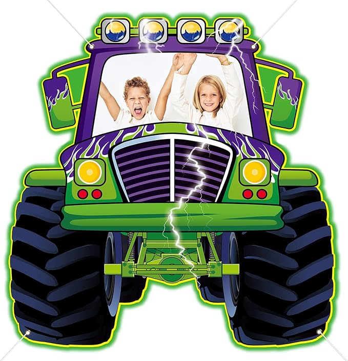 Monster Truck Photo Booth Props for Green and Purple Truck Party Supplies Large Monster Photo Background Games Polyester F...
