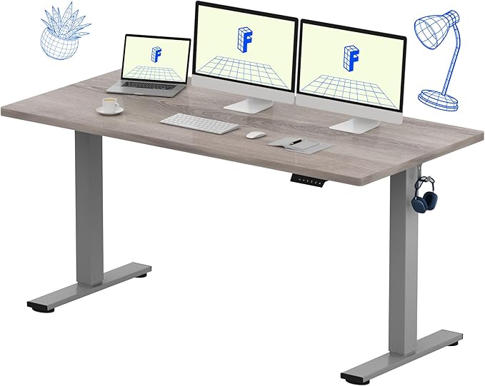 FLEXISPOT EN1 One-Piece Standing Desk 60 x 24 Inches Height Adjustable Electric Desk (Silver Frame + Grey Wood Grain Top, 2 Packages)