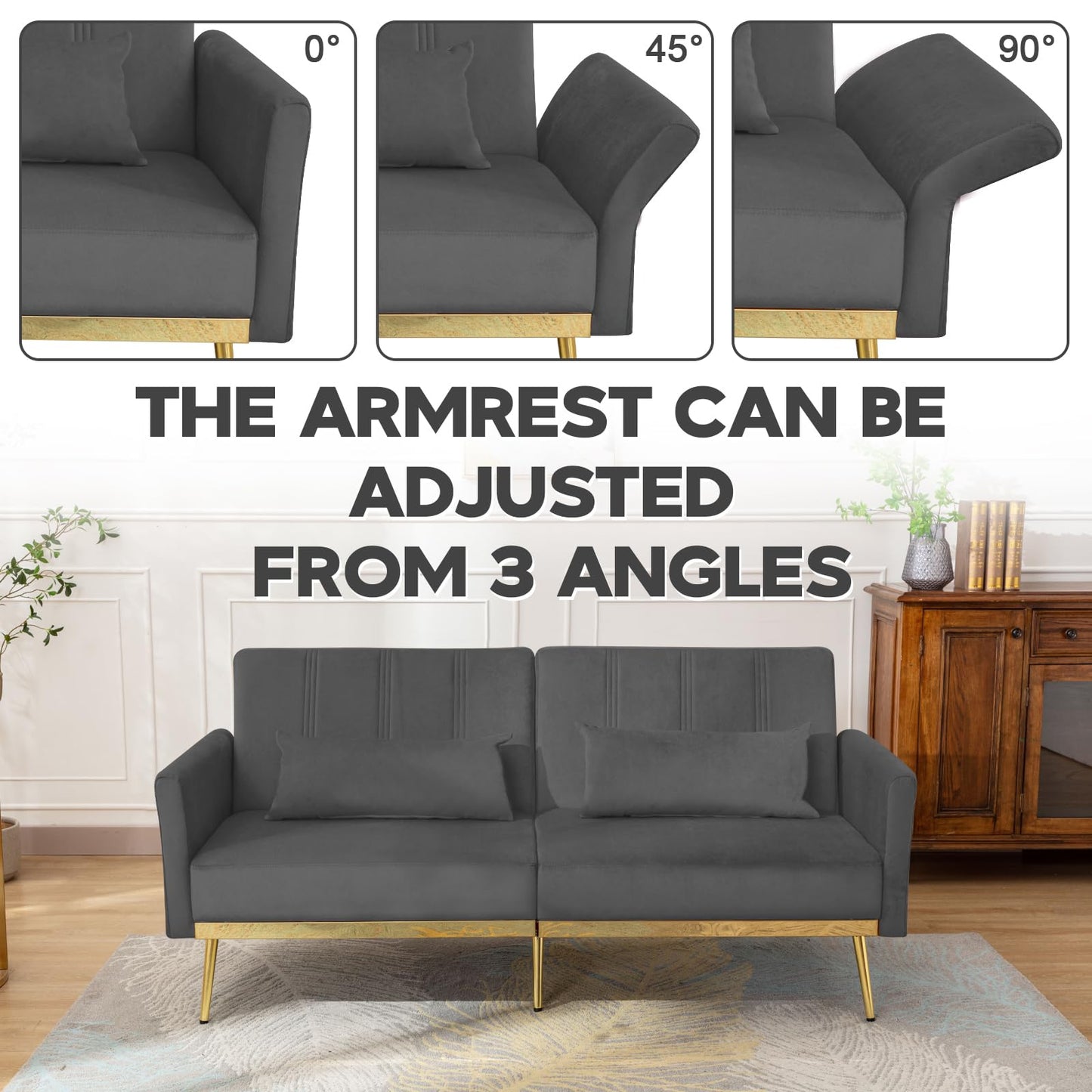 dannratch 70'' Futon Sofa Bed Velvet Convertible Sleeper Sofa Tufted Couch Bed with Adjustable Armrests and Backrest, Modern Loveseat Sleeper Bed with 2 Bolster Pillows for Living Room, Bedroom, Grey