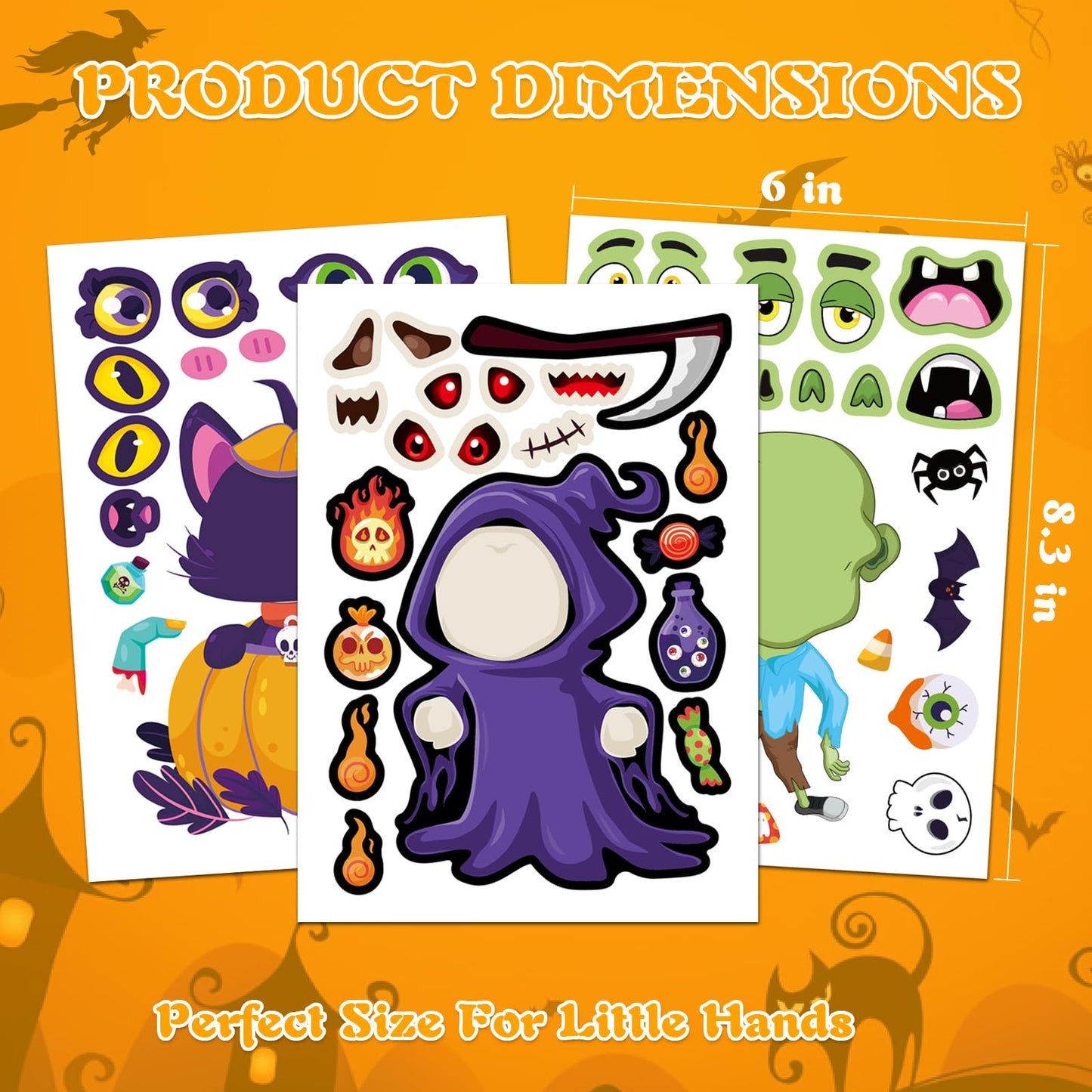 Aowplc 48 Halloween Make-a-Face Sticker Sheets for Kids - 16 Unique Designs, Mix & Match for Party Favors, Crafts, Goodie Bags Stuffers, Classroom Activities, and Holiday Games