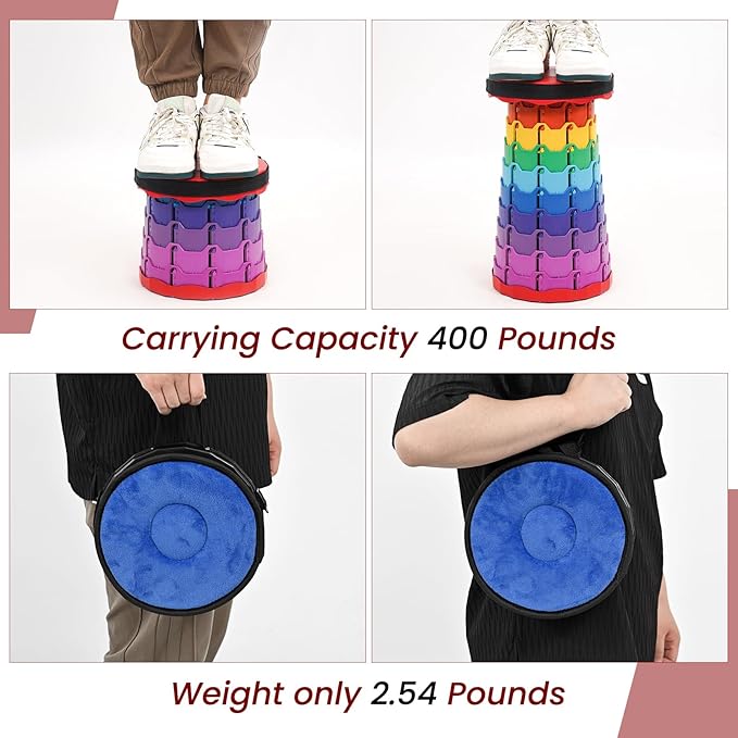 FXKS 2 Pack Portable Telescoping Stools Collapsible Stool with Cushion,Retractable Foldingstool Max Load Capacity 400lbs, Portable Collapsible Stools for Camping Hiking Outdoor BBQ Rainbow-Red