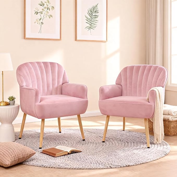 Holiway Velvet Accent Chair, Upholstered Modern Leisure Single Sofa Side Chair, Comfy Tufted Back Armchair with Metal Legs for Living Room/Bedroom/Office/Reading Room, Pink
