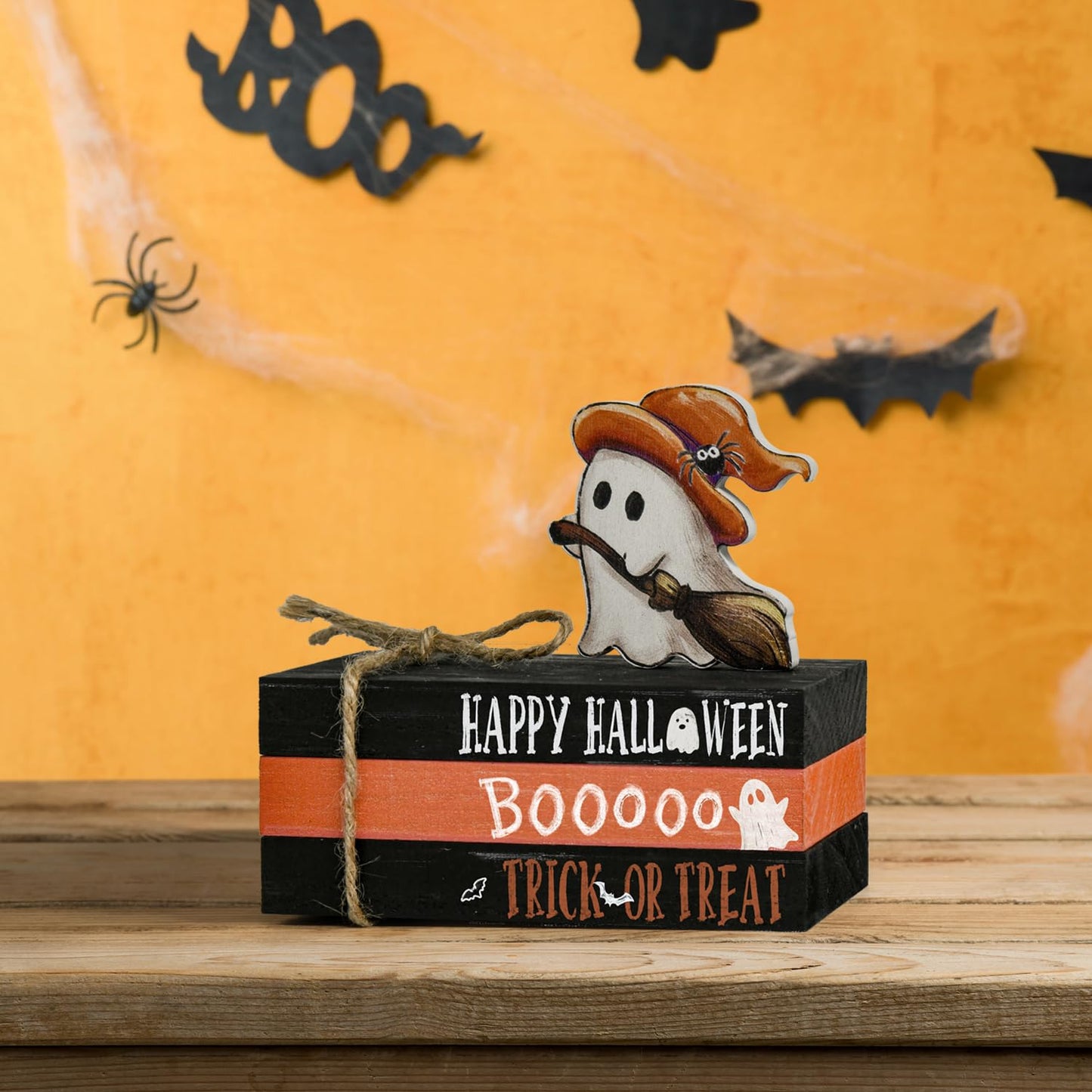 Smile Halloween Wooden Stack, Ghost Bat Mini Faux Books Bundle, Trick or Treat Tiered Tray Decorations, Indoor Decor for Kitchen Bathroom and Home Table Shelf