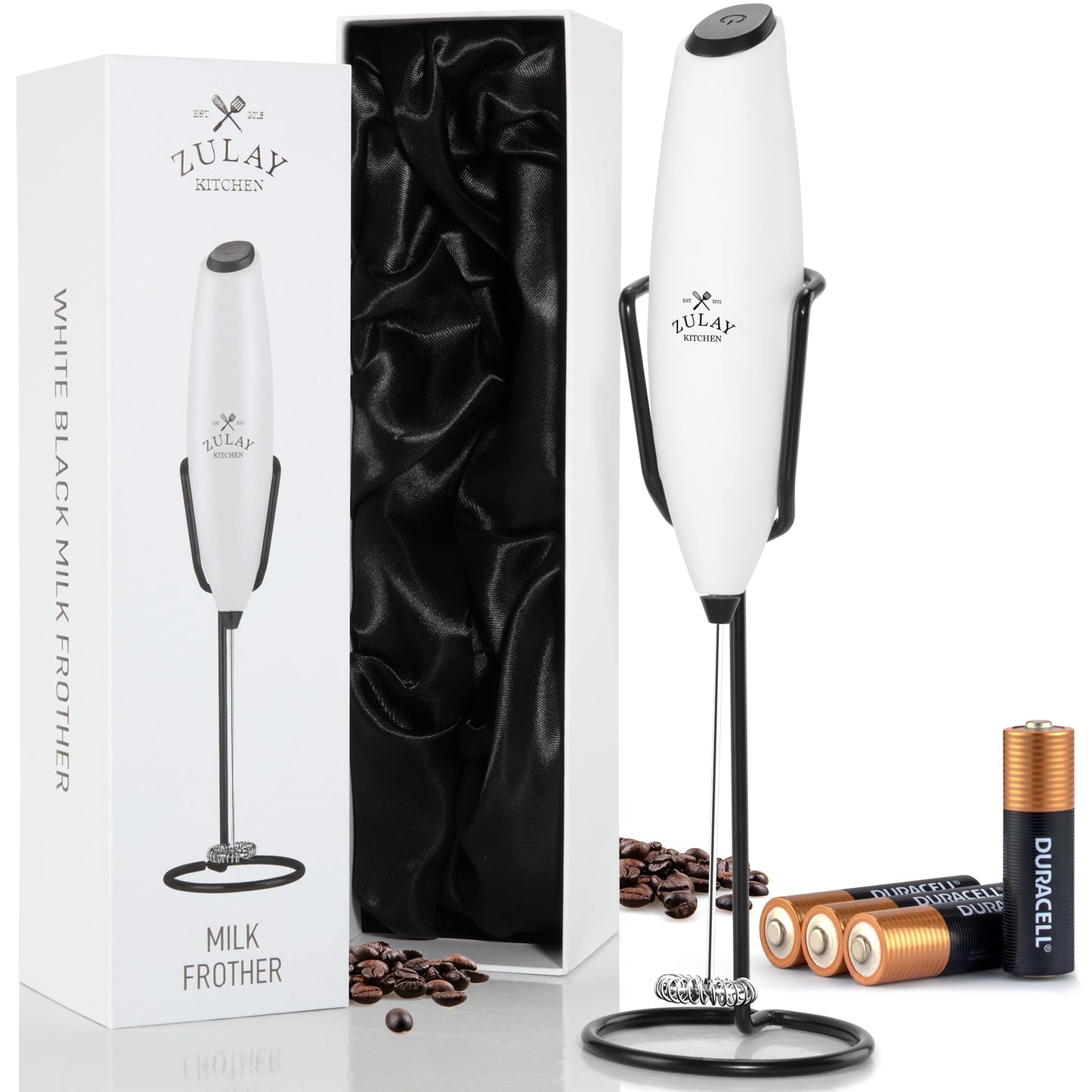 Zulay Kitchen Executive Series Luxury Gift Milk Frother with 4 Duracell Batteries – Handheld Electric Foam Maker for Coffee, Lattes & Hot Chocolate – Deluxe Finish, Ultimate Gift for Coffee Lovers